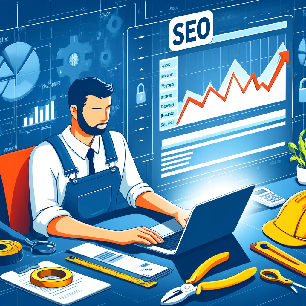 Contractor analyzing SEO performance on a laptop with a graph showing increasing web traffic and keyword rankings. Background includes construction tools and blueprints, representing the contractor's trade. SEO for Contractors, Arkonstructs Web Design